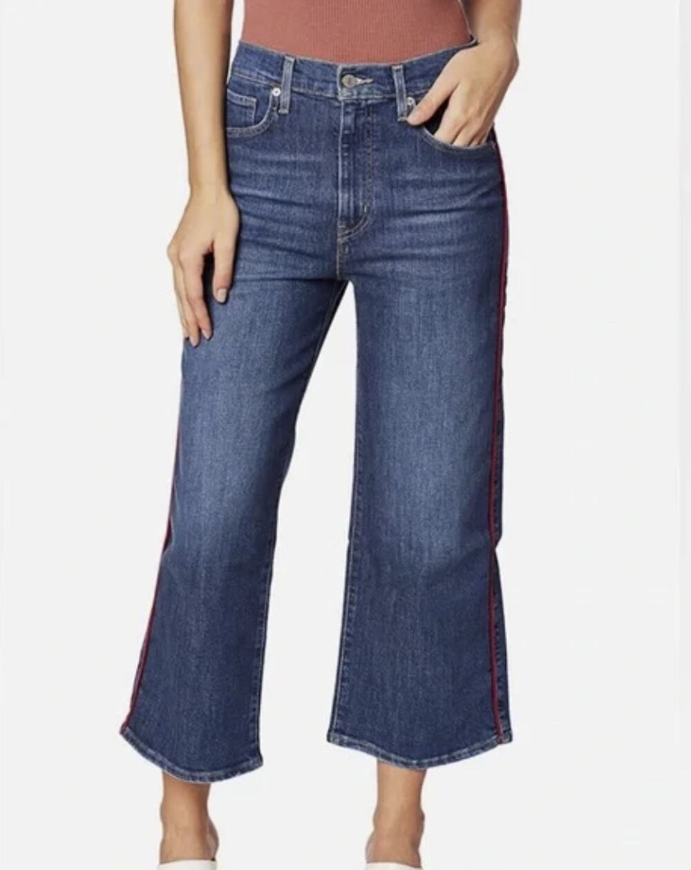 Levi's Mile High Cropped Wide Leg Denim Jeans Size 30 Dark Wash Red Stripe